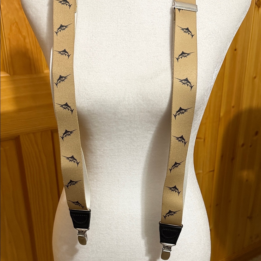 Tan Novelty Suspender Straps with Navy Marlin Sword Fish Print.  NWT